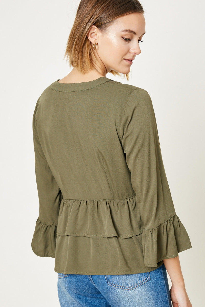 V-neck Button-Down Tiered Ruffle Hem Top