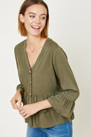 H10027 Black Womens V-neck Button-Down Tiered Ruffle Hem Top Front