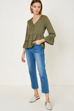 H10027 Black Womens V-neck Button-Down Tiered Ruffle Hem Top Back