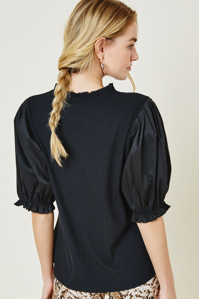 Ribbed Mock Neck Puff Sleeve Top