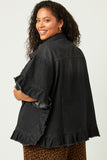 H5588 BLACK DENIM Womens Ruffle Stonewash Denim Jacket Front