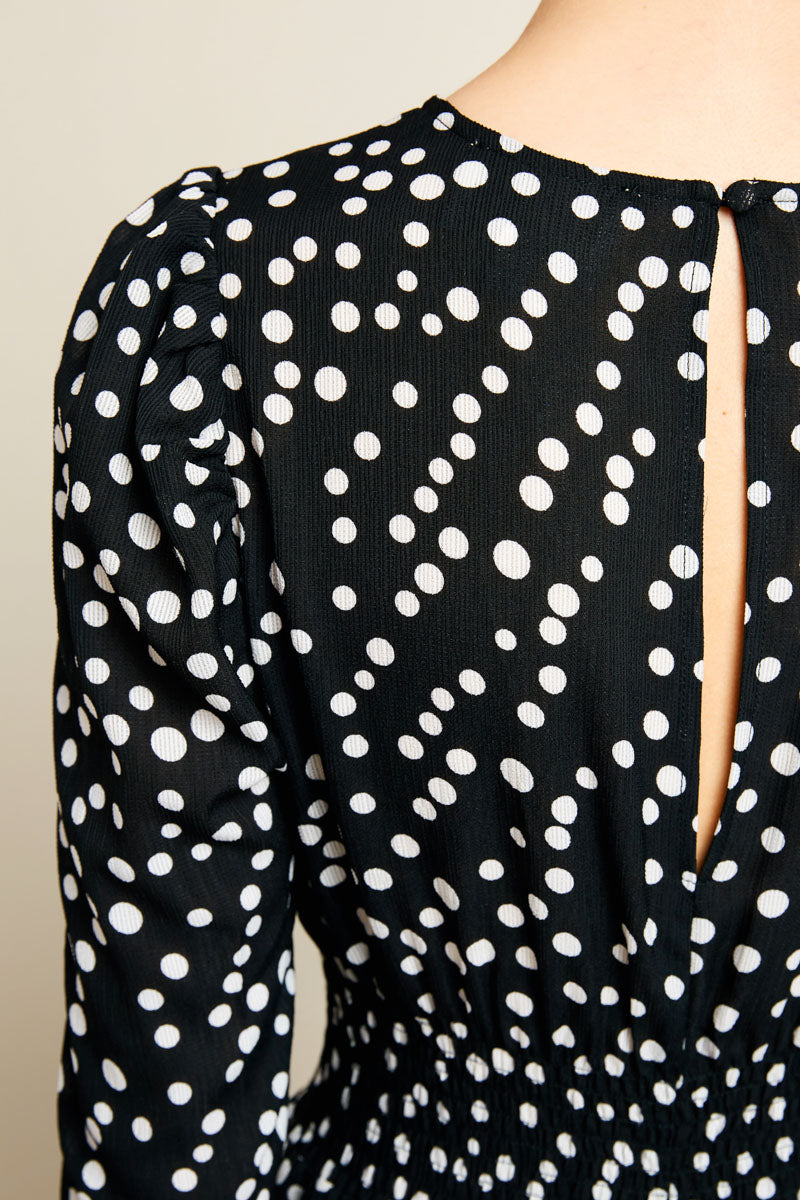 Retro Polka Dot Midi Dress With Gathered Sleeves