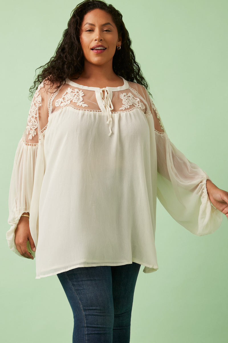 Sheer Tie Front Peasant Top