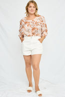 H6355 White Denim Womens High Waist Roll Up Denim Short Front