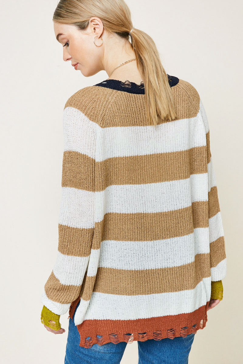 Distressed Stripe Knit Cardigan Sweater