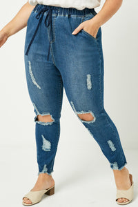 H6423W Dark Denim Detail Plus Distressed Drawstring Denim Jeans Detail