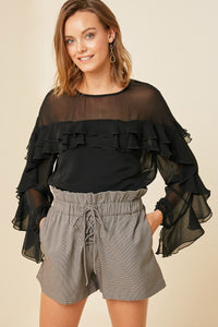 H6823 CHESTNUT Womens Houndstooth Lace-Up Paperbag Shorts Front