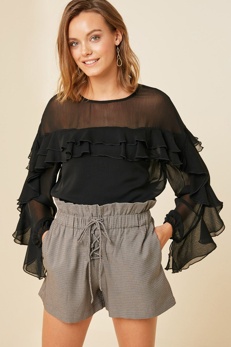 H6823 CHESTNUT Womens Houndstooth Lace-Up Paperbag Shorts Front