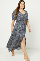 H7411 Navy Womens Floral Ruched Waist Maxi Dress Full Body