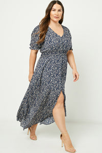 H7411 Navy Womens Floral Ruched Waist Maxi Dress Full Body