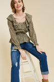 Leopard Ruffle Button-Down Peplum Top