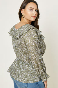 H7887W Plus Leopard Ruffle Button-Down Peplum Top Front
