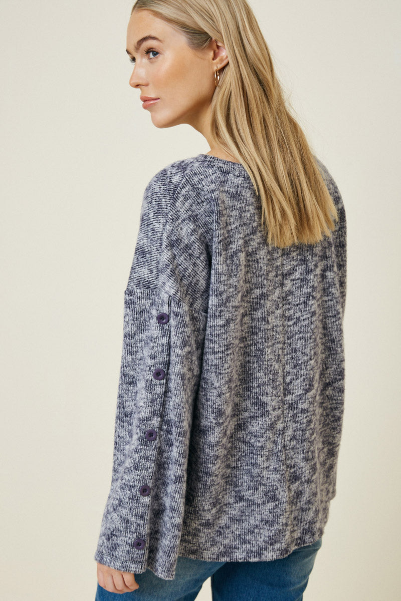 Button Sleeve Brushed Knit Sweater