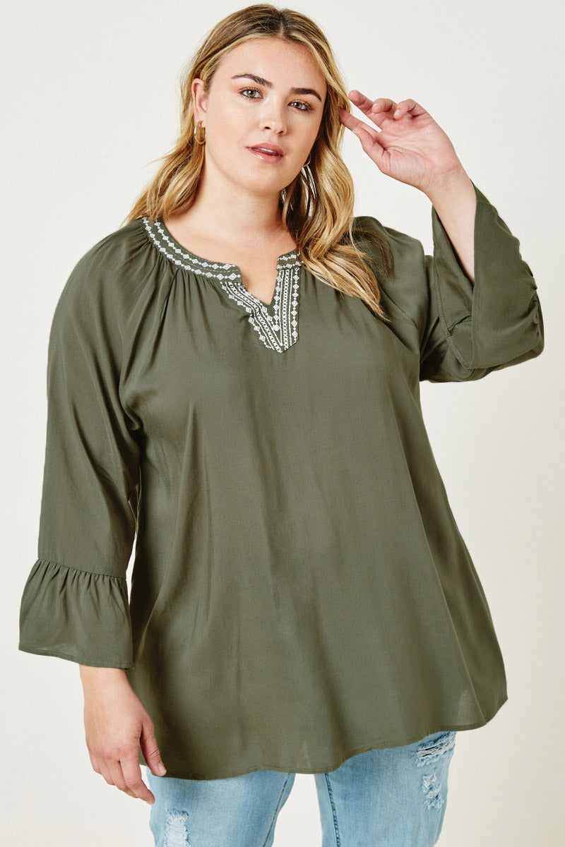 Embroidered Bell Sleeve Tunic Top