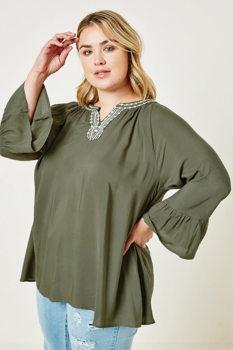 Embroidered Bell Sleeve Tunic Top