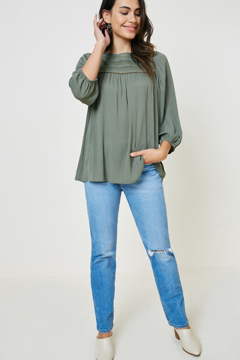 Lace Trim Puff Sleeve Tunic Top