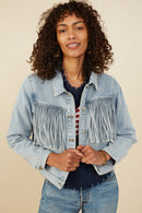 HB0001W Light Denim Plus Fringed Detail Denim Jacket Front