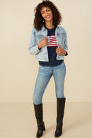 HB0001 Light Denim Womens Fringed Detail Denim Jacket Gif