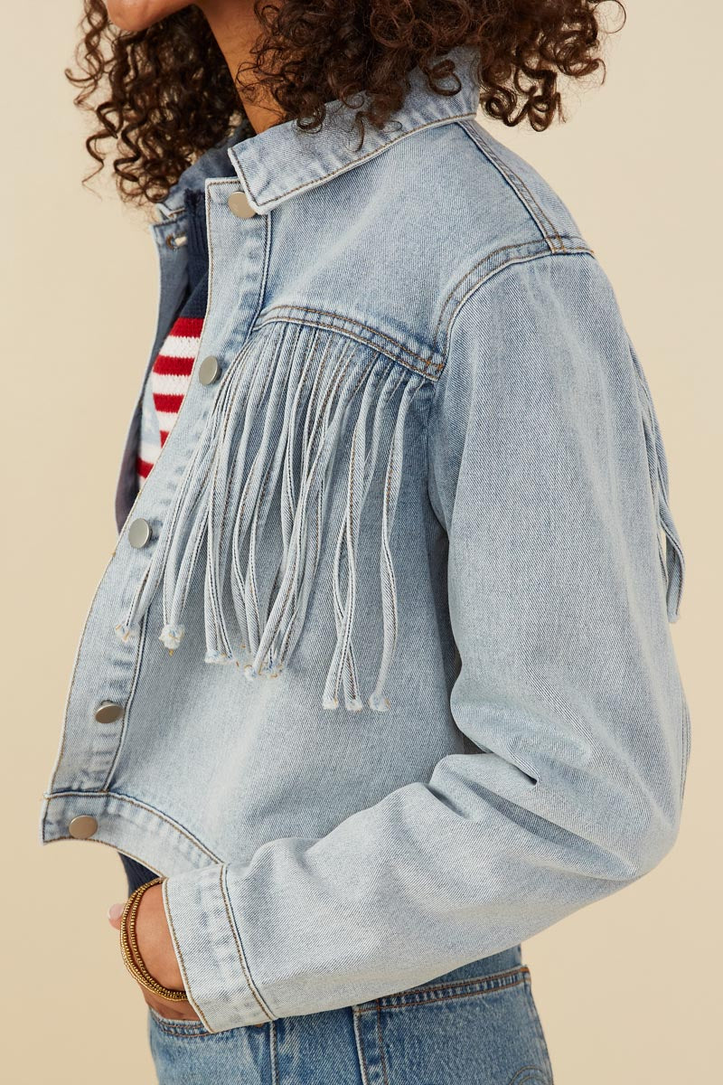 HB0001 Light Denim Womens Fringed Detail Denim Jacket Full Body