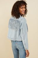 HB0001 Light Denim Womens Fringed Detail Denim Jacket Detail