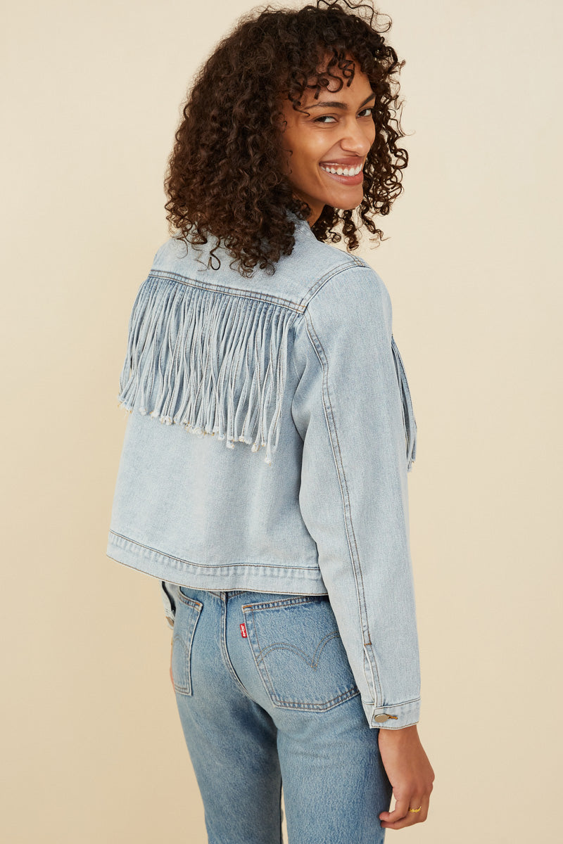 HB0001 Light Denim Womens Fringed Detail Denim Jacket Detail
