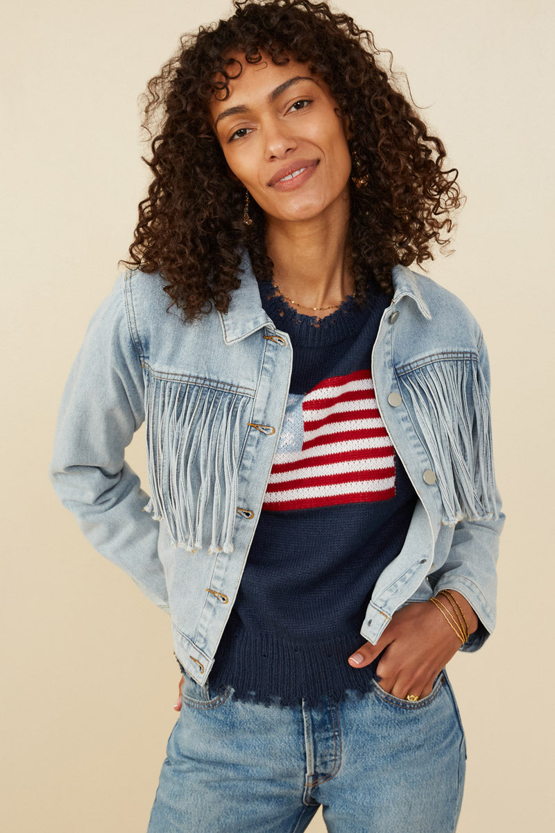HB0001 Light Denim Womens Fringed Detail Denim Jacket Back