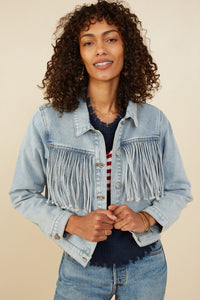 HB0001 Light Denim Womens Fringed Detail Denim Jacket Front