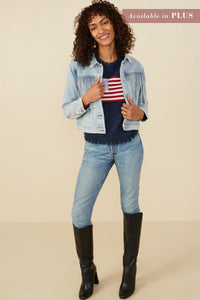 HB0001 Light Denim Womens Fringed Detail Denim Jacket Front 2