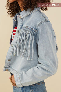 HB0001W Light Denim Plus Fringed Detail Denim Jacket Full Body