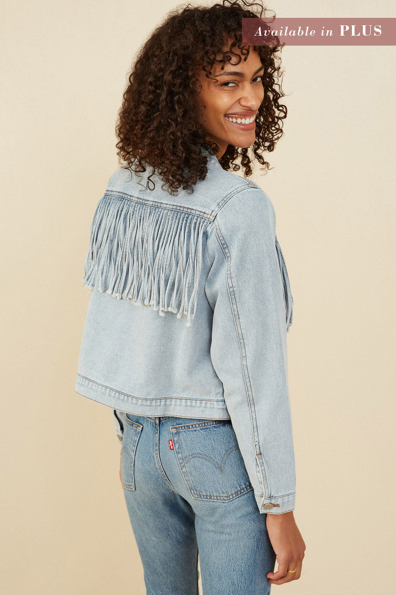 HB0001W Light Denim Plus Fringed Detail Denim Jacket Detail