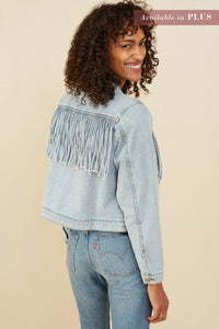HB0001W Light Denim Plus Fringed Detail Denim Jacket Detail