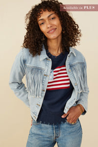 HB0001W Light Denim Plus Fringed Detail Denim Jacket Back