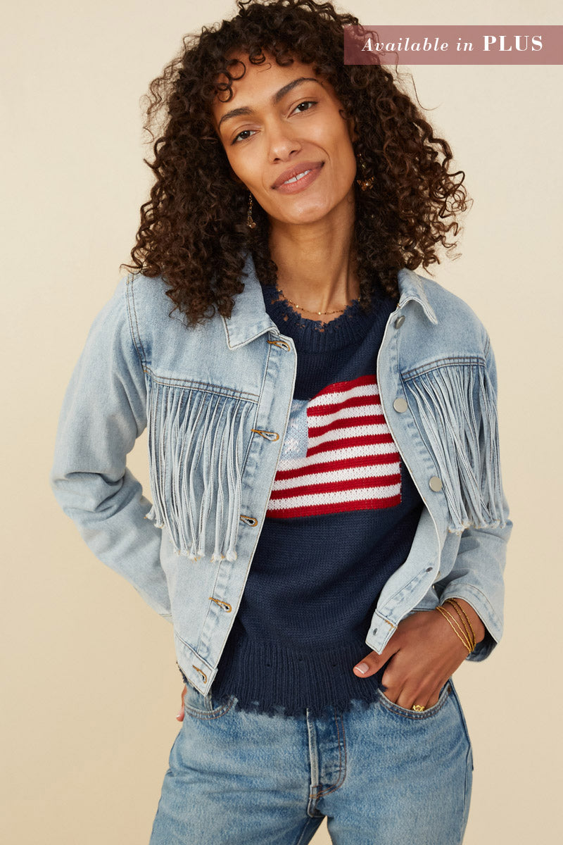 HB0001W Light Denim Plus Fringed Detail Denim Jacket Back