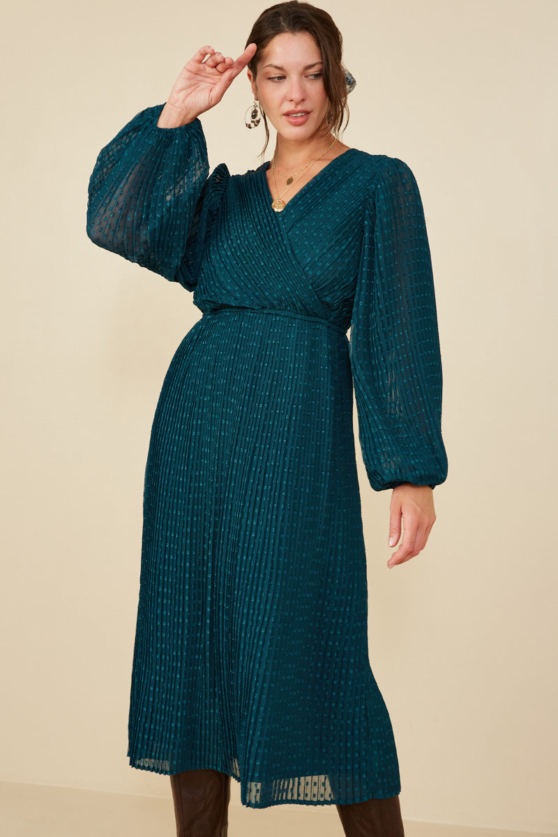 pleated surplice dress Surplice Neck Tie Front Pleated Sweater Dress