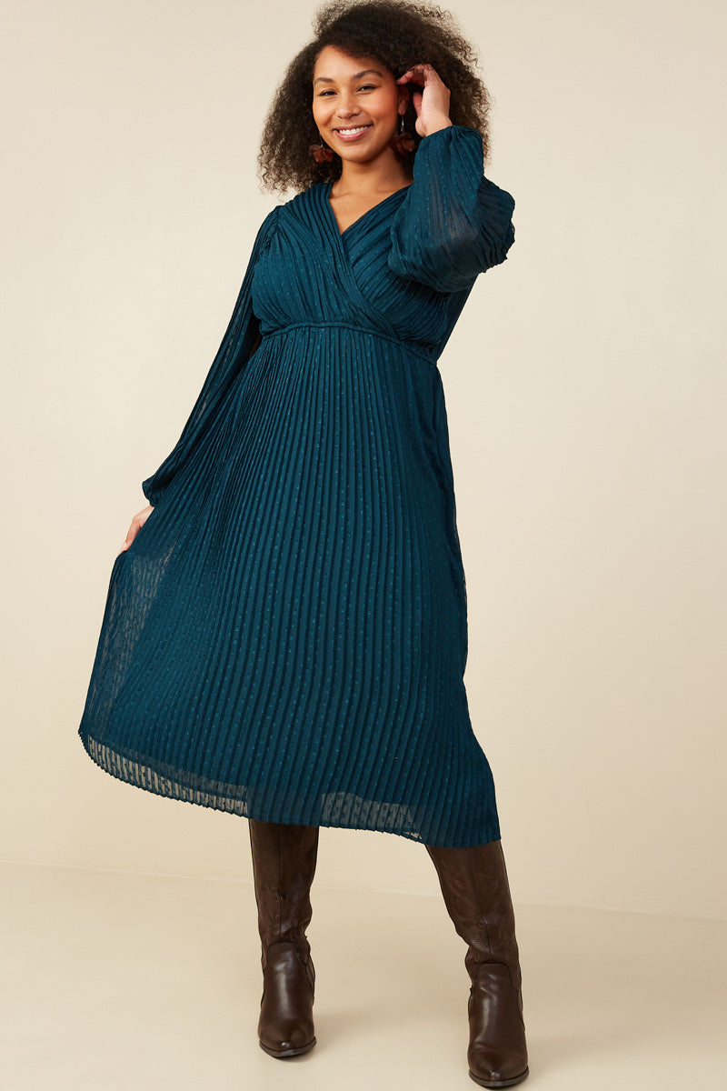 Pleated Swiss Dot Surplice Dress