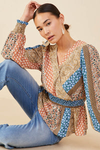 HB0030 Brown Mix Womens Print Blocked Smocked Waist Surplice Top Pose