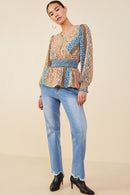 HB0030 Brown Mix Womens Print Blocked Smocked Waist Surplice Top Gif