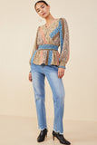 HB0030 Brown Mix Womens Print Blocked Smocked Waist Surplice Top Gif