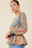 HB0030 Brown Mix Womens Print Blocked Smocked Waist Surplice Top Full Body