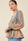 HB0030 Brown Mix Womens Print Blocked Smocked Waist Surplice Top Full Body