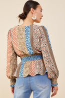 HB0030 Brown Mix Womens Print Blocked Smocked Waist Surplice Top Side