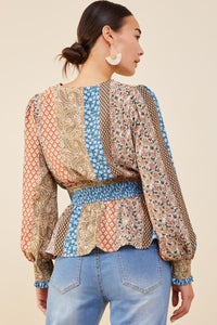 HB0030 Brown Mix Womens Print Blocked Smocked Waist Surplice Top Side