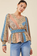 HB0030 Brown Mix Womens Print Blocked Smocked Waist Surplice Top Back