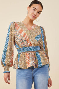 HB0030 Brown Mix Womens Print Blocked Smocked Waist Surplice Top Back