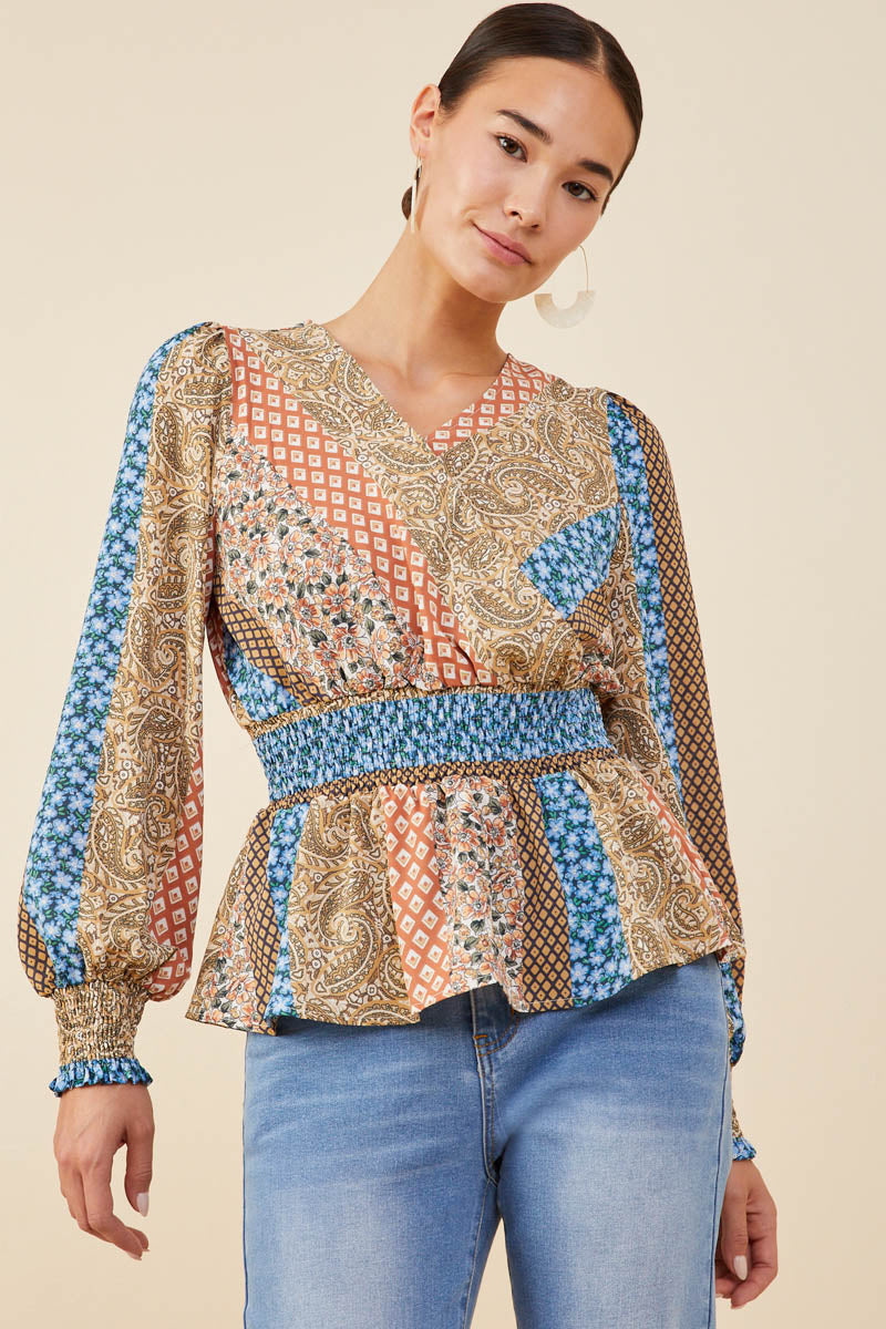 HB0030 Brown Mix Womens Print Blocked Smocked Waist Surplice Top Back