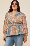 HB0030W Brown Mix Plus Print Blocked Smocked Waist Surplice Top Front