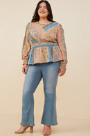 HB0030 Brown Mix Womens Print Blocked Smocked Waist Surplice Top Front