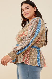 HB0030W Brown Mix Plus Print Blocked Smocked Waist Surplice Top Gif