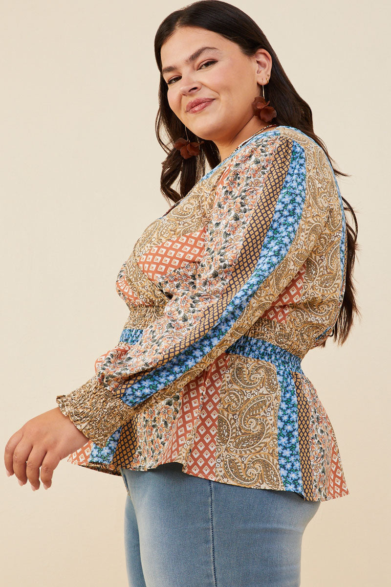 HB0030W Brown Mix Plus Print Blocked Smocked Waist Surplice Top Gif