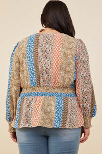 HB0030W Brown Mix Plus Print Blocked Smocked Waist Surplice Top Full Body